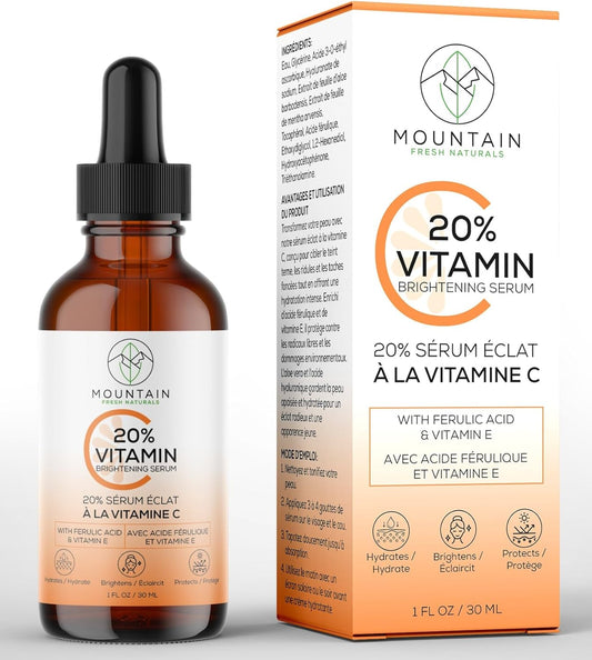 Vitamin C Serum – 20% 3-0-Ethyl Ascorbic Acid, Ferulic Acid & Vitamin E – Brightening, Hydrating, Anti-Aging Serum for Dark Spots, Uneven Skin Tone & Wrinkles – 30mL / 1 fl oz